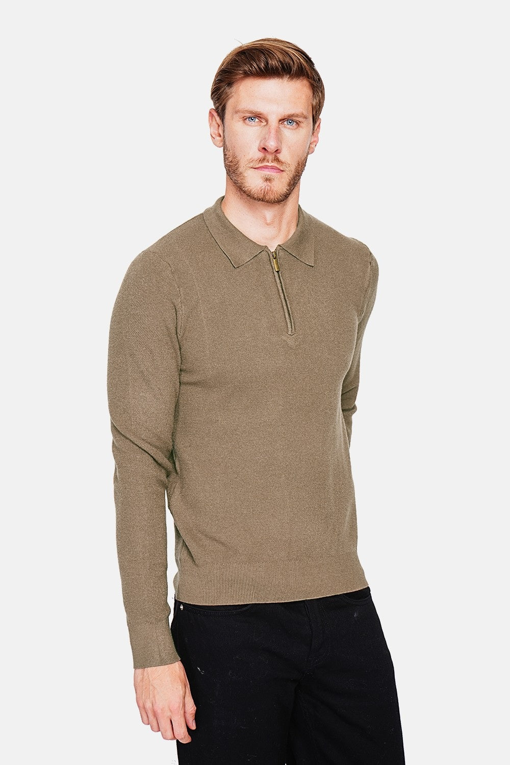 Pull col polo demi-zippé 6 fils – Kaki – C&Jo