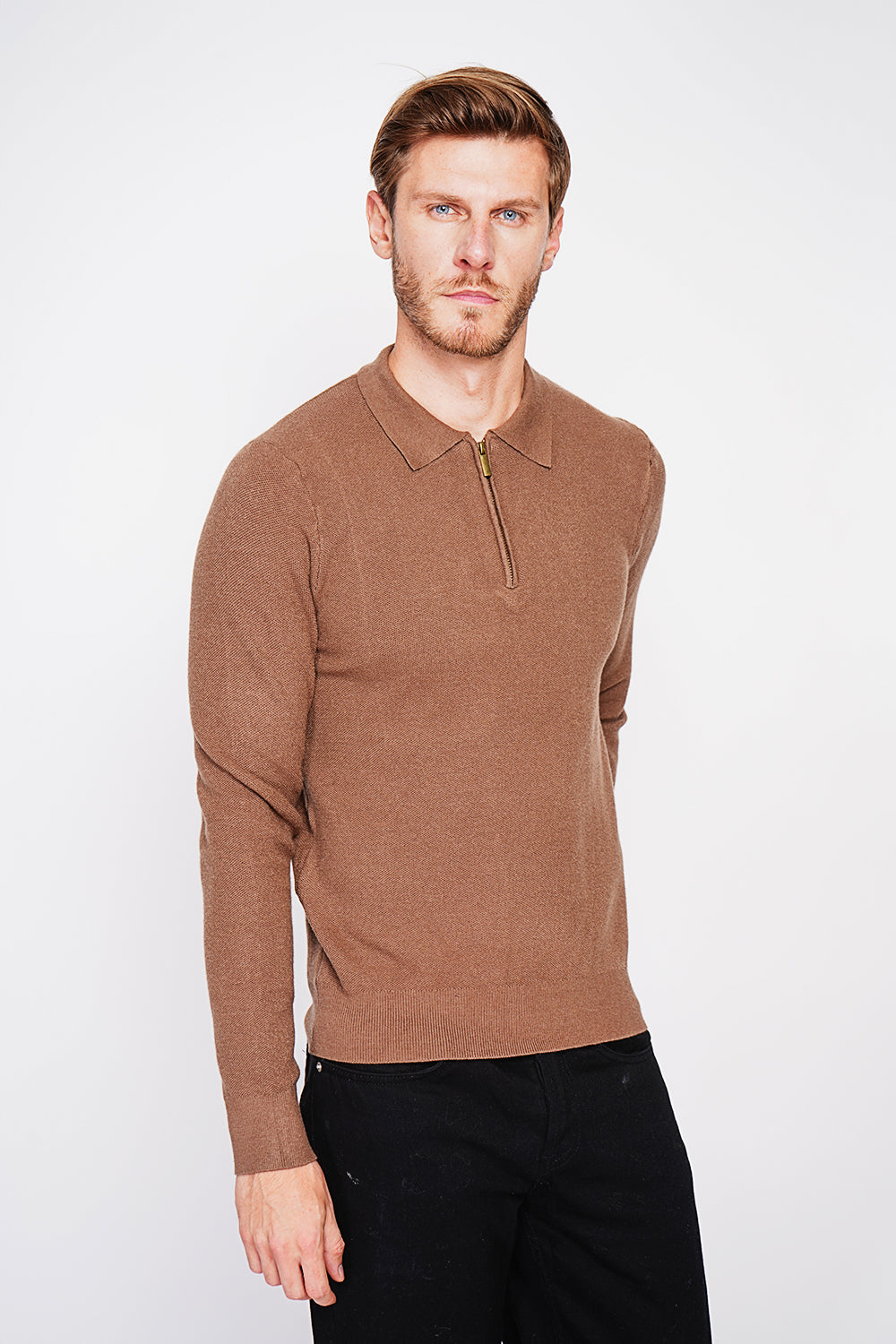 Pull col polo demi-zippé 6 fils – Marron – C&Jo
