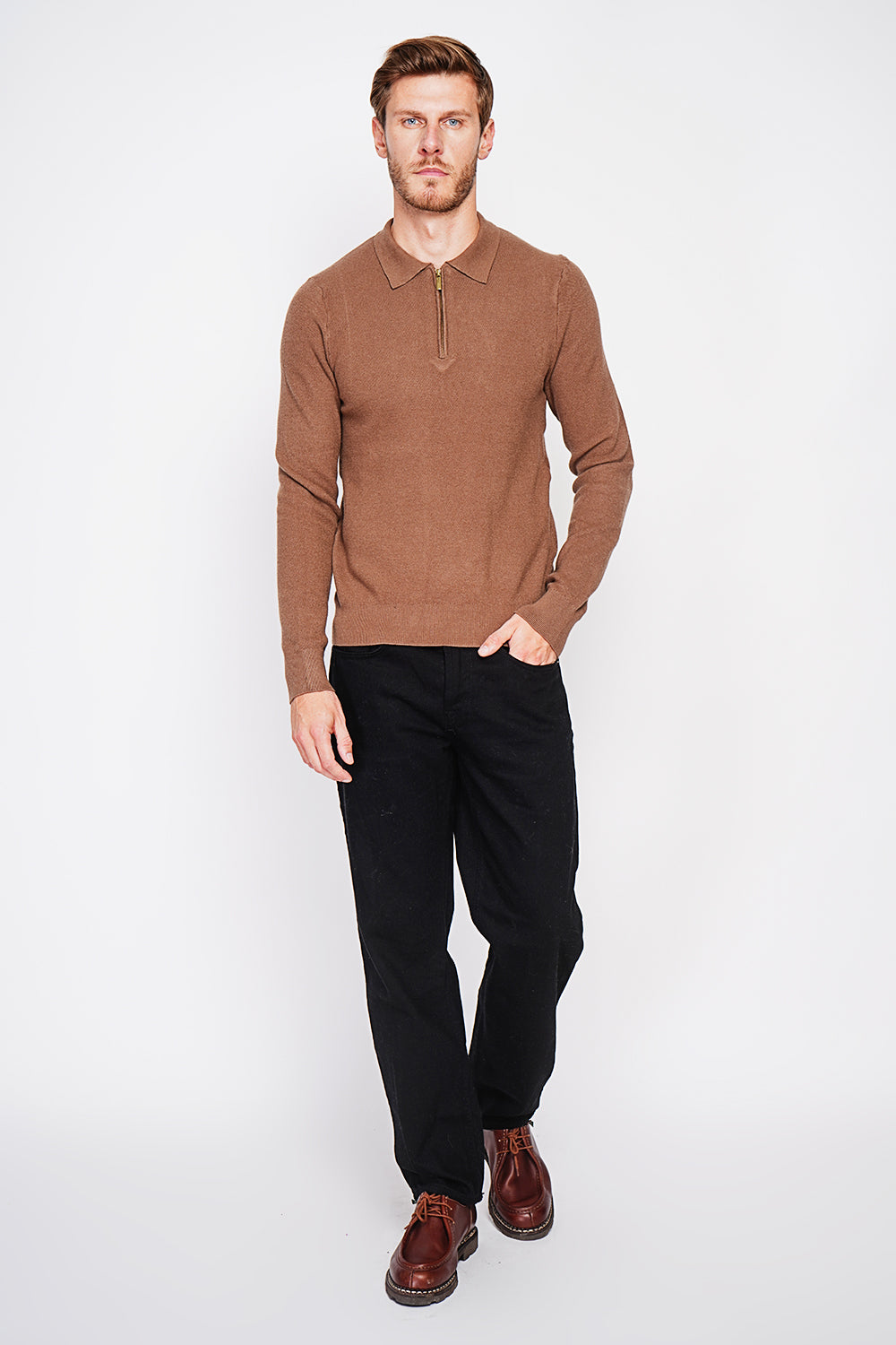 Pull col polo demi-zippé 6 fils – Marron – C&Jo