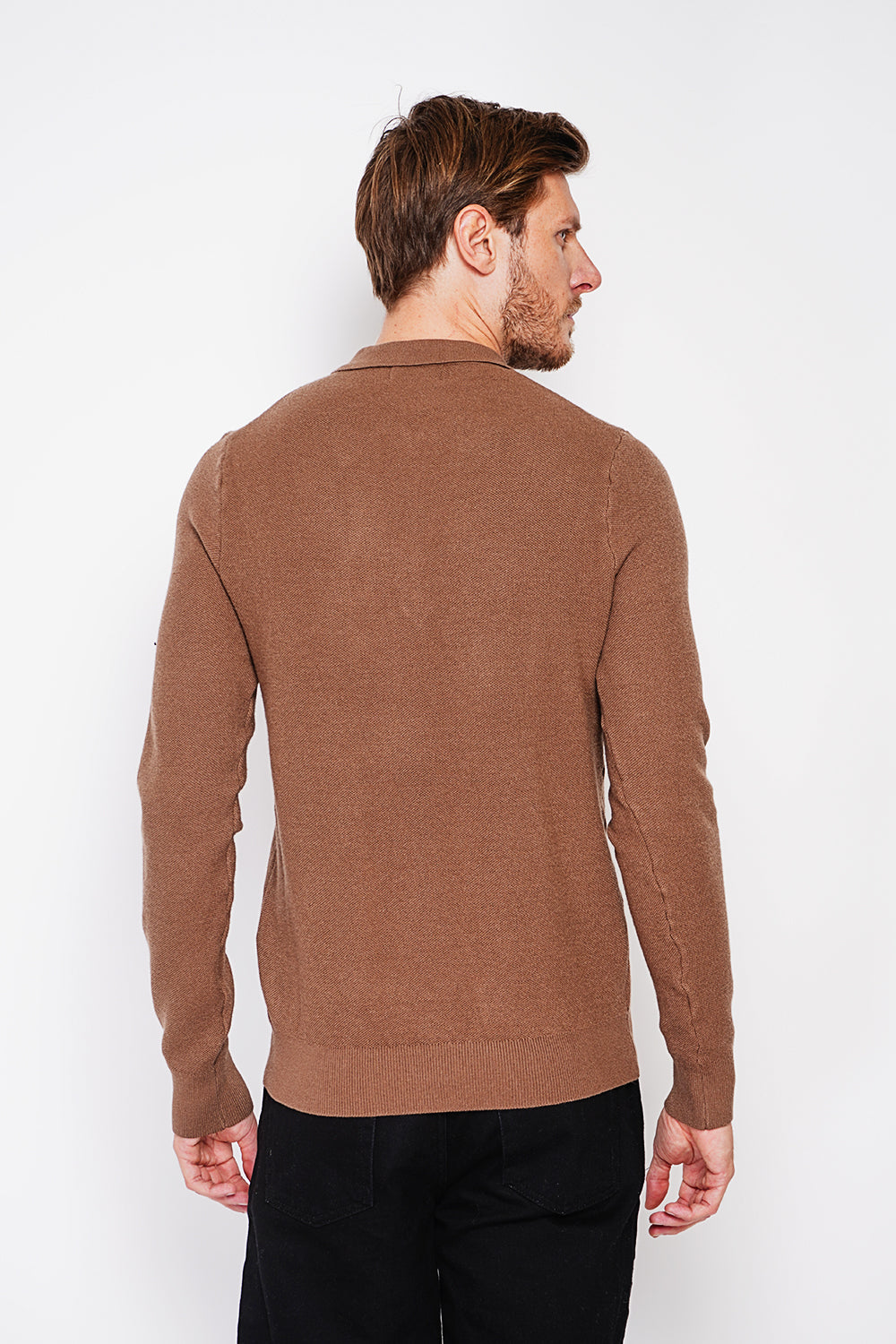 Pull col polo demi-zippé 6 fils – Marron – C&Jo
