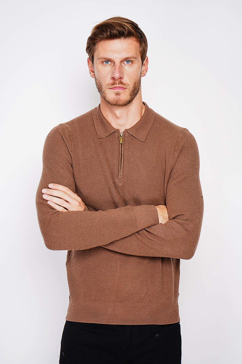 Pull col polo demi-zippé 6 fils – Marron – C&Jo