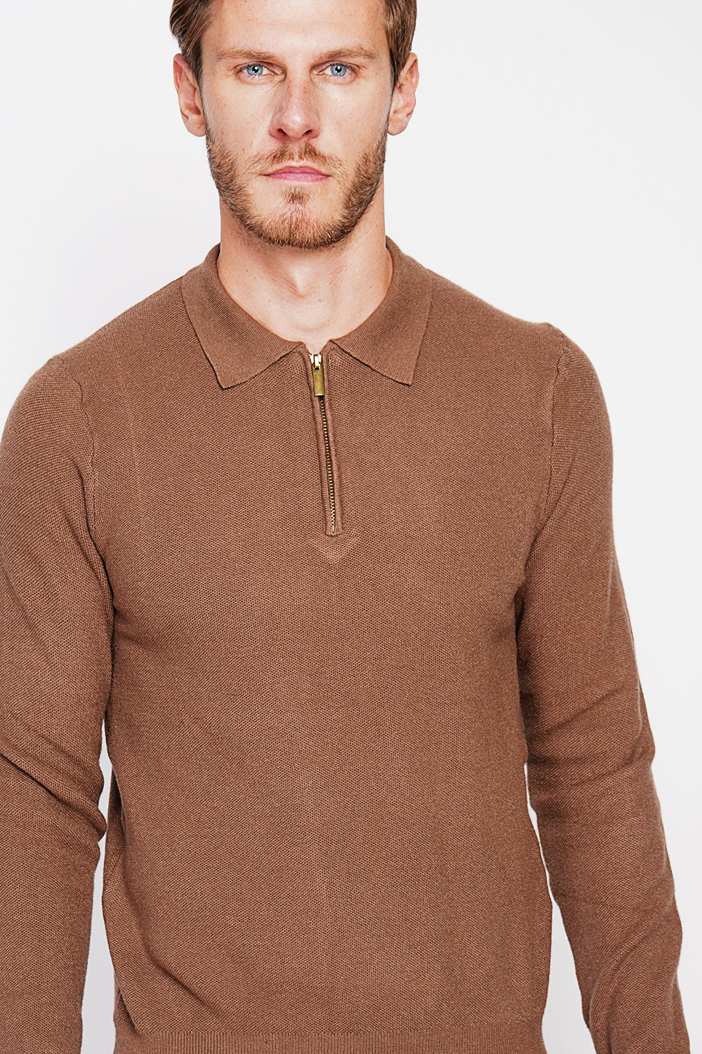 Pull col polo demi-zippé 6 fils – Marron – C&Jo