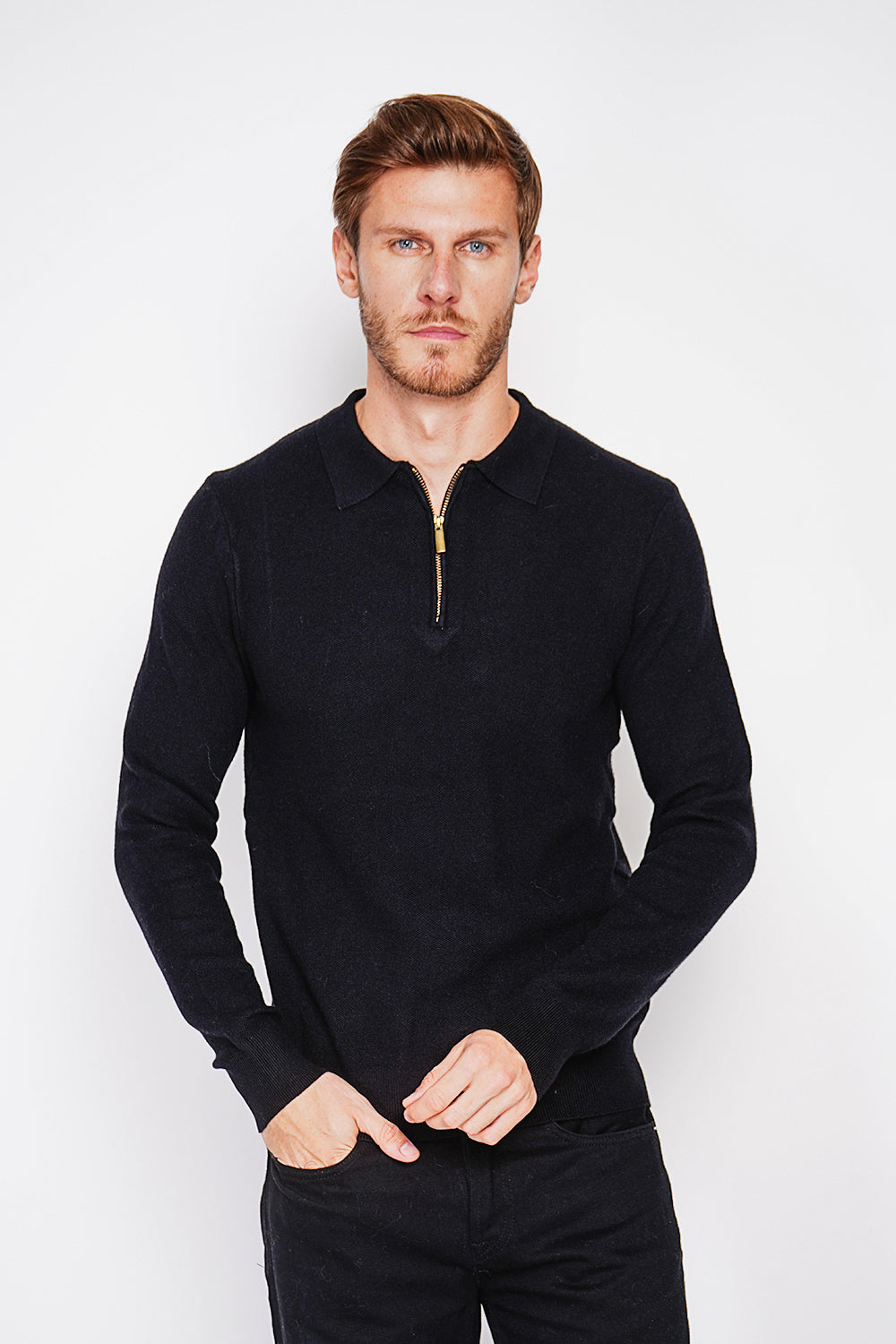 Pull col polo demi-zippé 6 fils – Noir – C&Jo