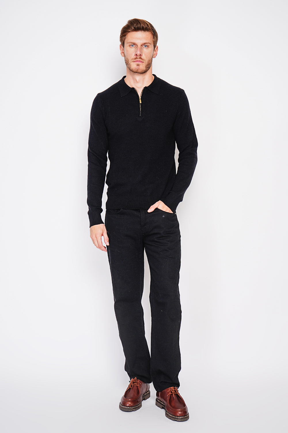 Pull col polo demi-zippé 6 fils – Noir – C&Jo