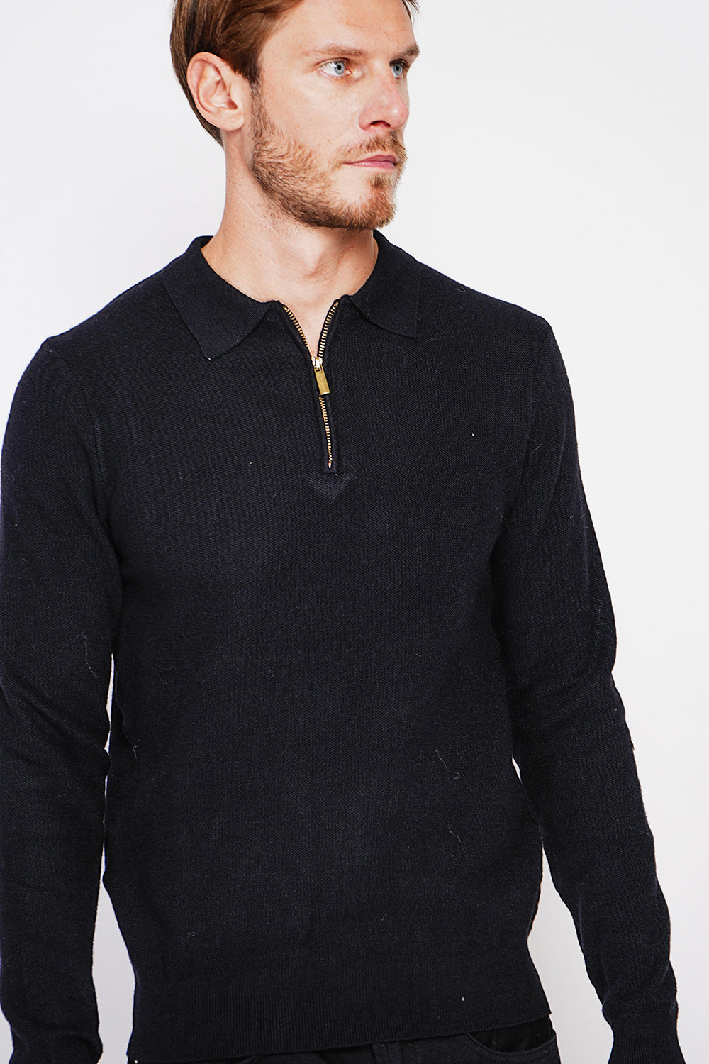 Pull col polo demi-zippé 6 fils – Noir – C&Jo