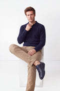Polo collar sweater with buttons, long sleeves, 2-ply knit – Night blue – C&Jo