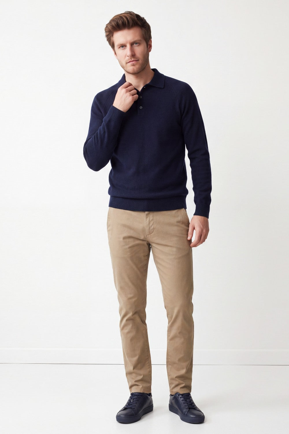 Polo collar sweater with buttons, long sleeves, 2-ply knit – Night blue – C&Jo