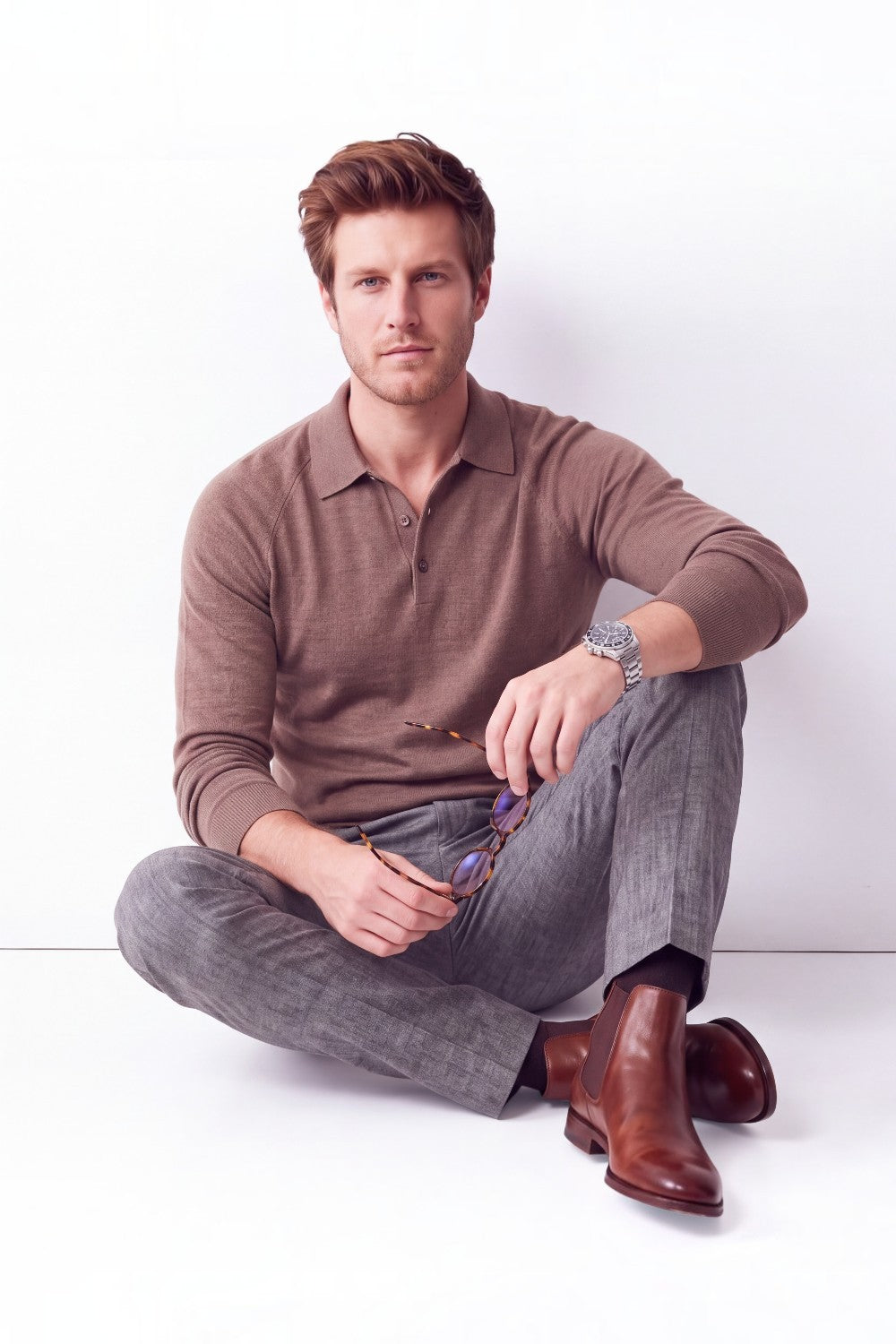 Pull homme col polo boutonné – Marron – C&Jo