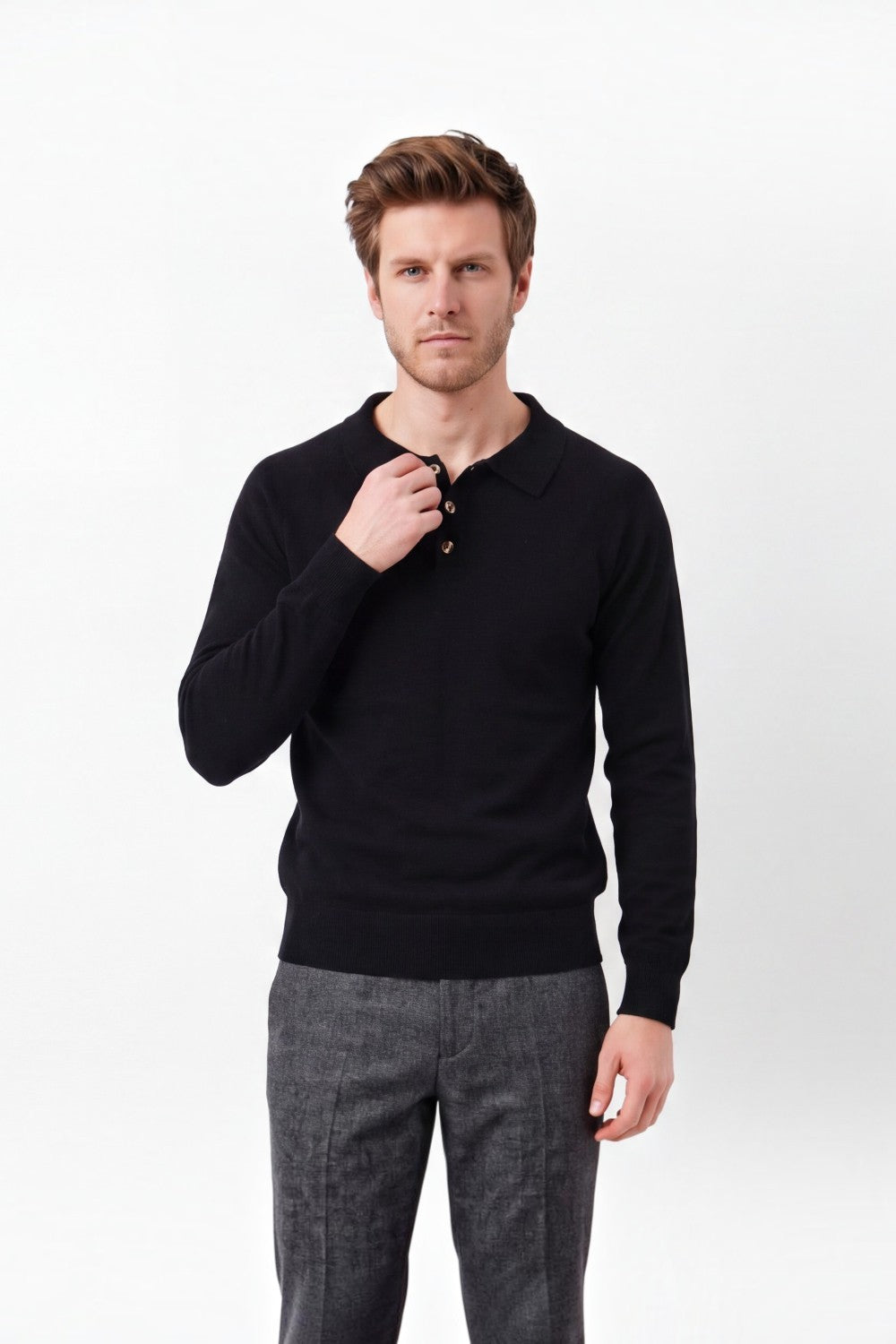 Pull homme col polo boutonné – Noir – C&Jo