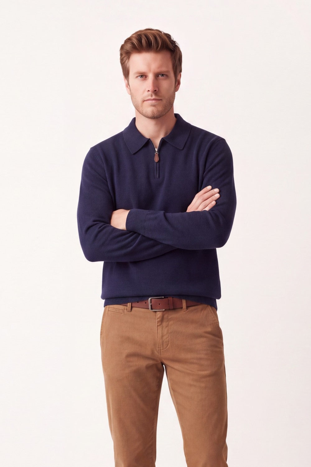 Half-zip, long-sleeved polo shirt, 2-ply – Night blue – C&Jo