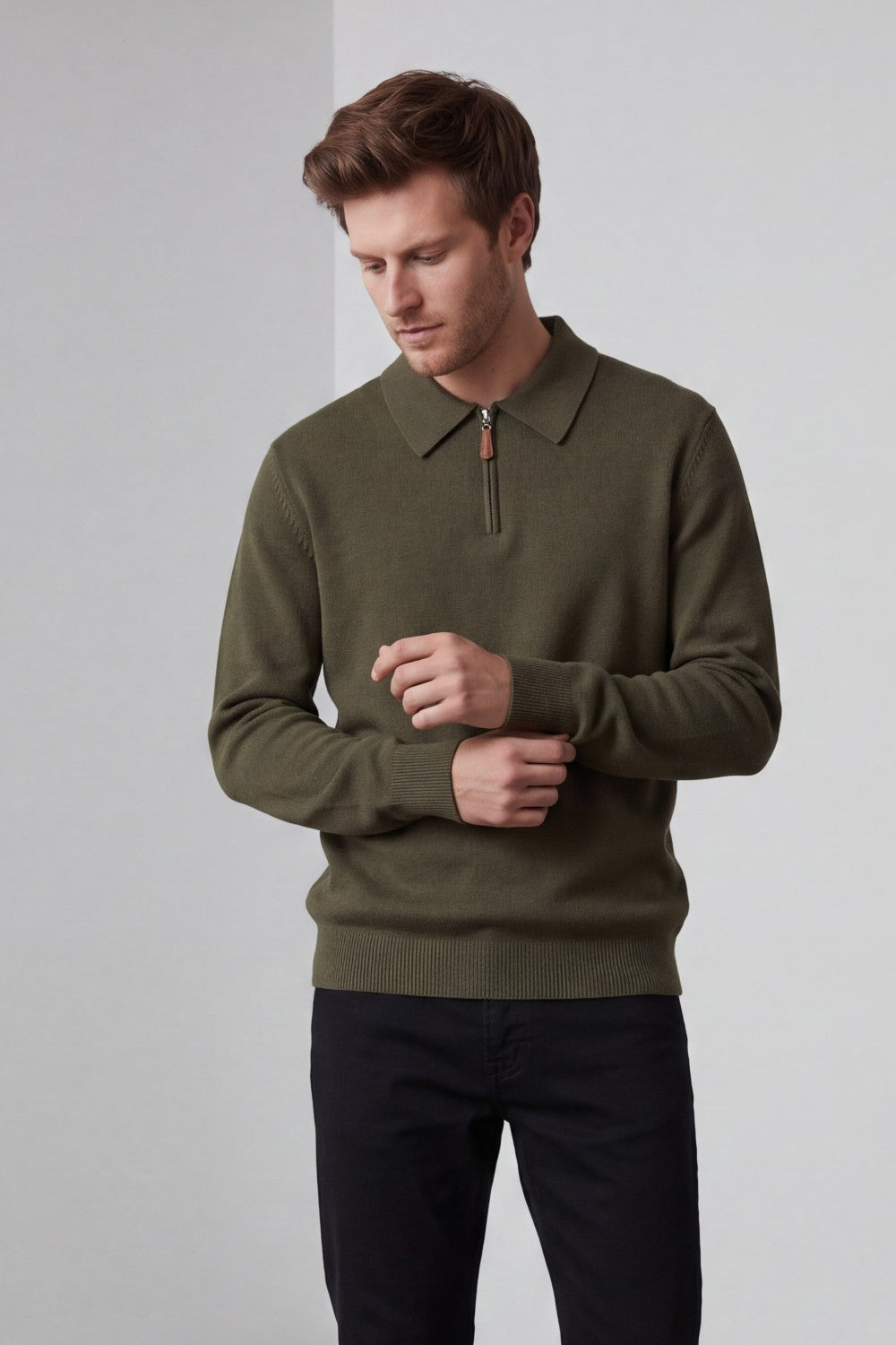 Pull homme polo demi-zippé – Kaki – C&Jo