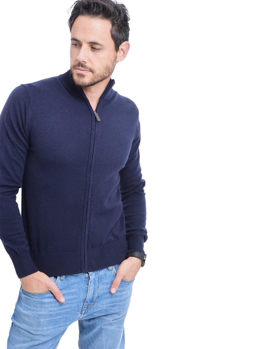 Classic zip-up vest, long sleeves, 2-ply knit – Night blue – C&Jo