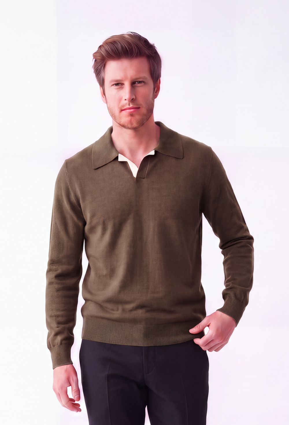 Oversized two-tone polo neck sweater, long sleeves, 2-ply – Khaki – C&Jo