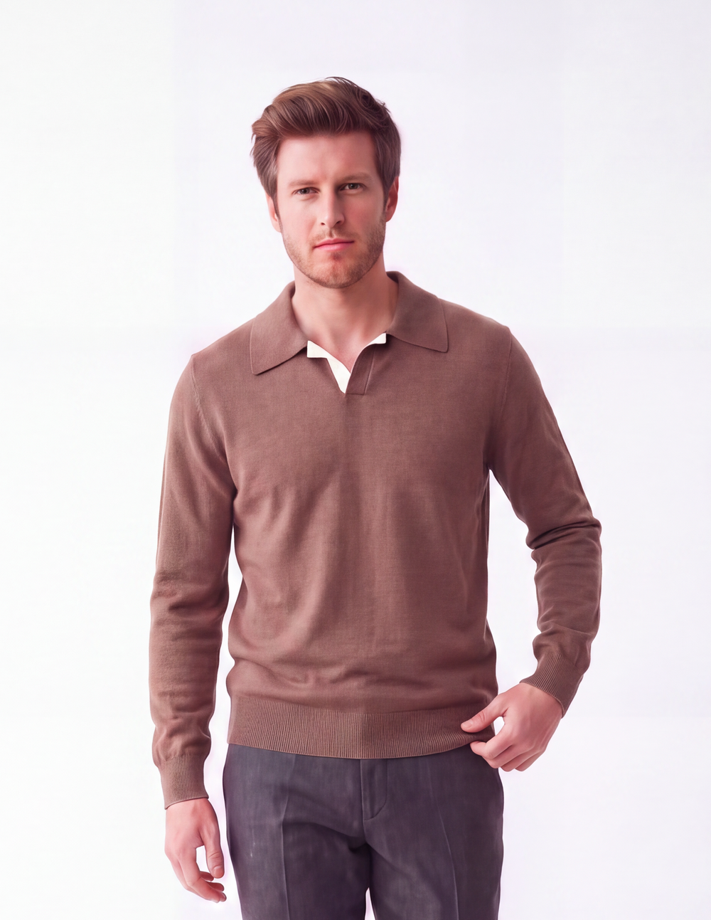Pull homme col polo bicolore – Marron – C&Jo