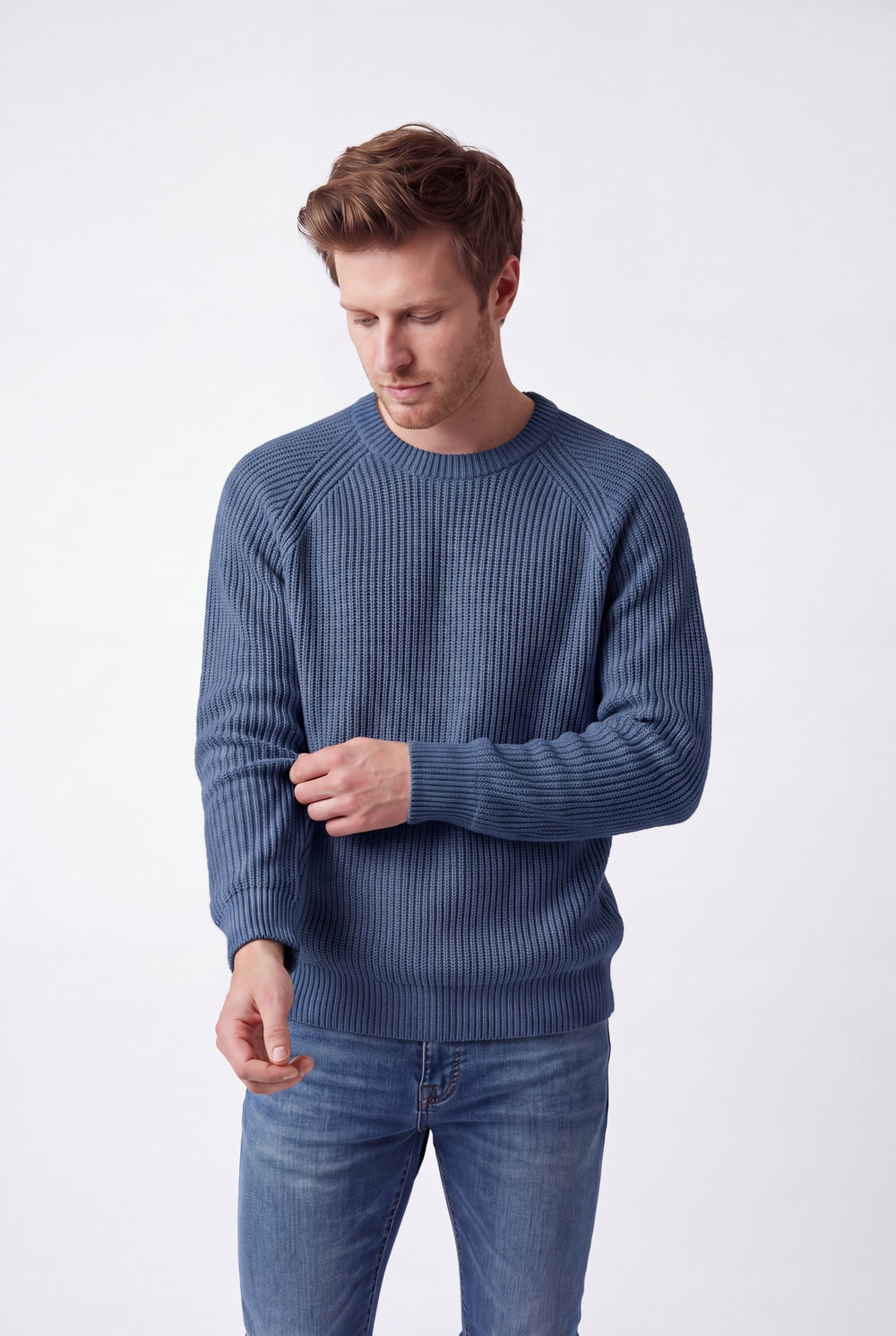 Crew neck sweater, raglan sleeves, trim, 4-ply – Blue Jeans – C&Jo