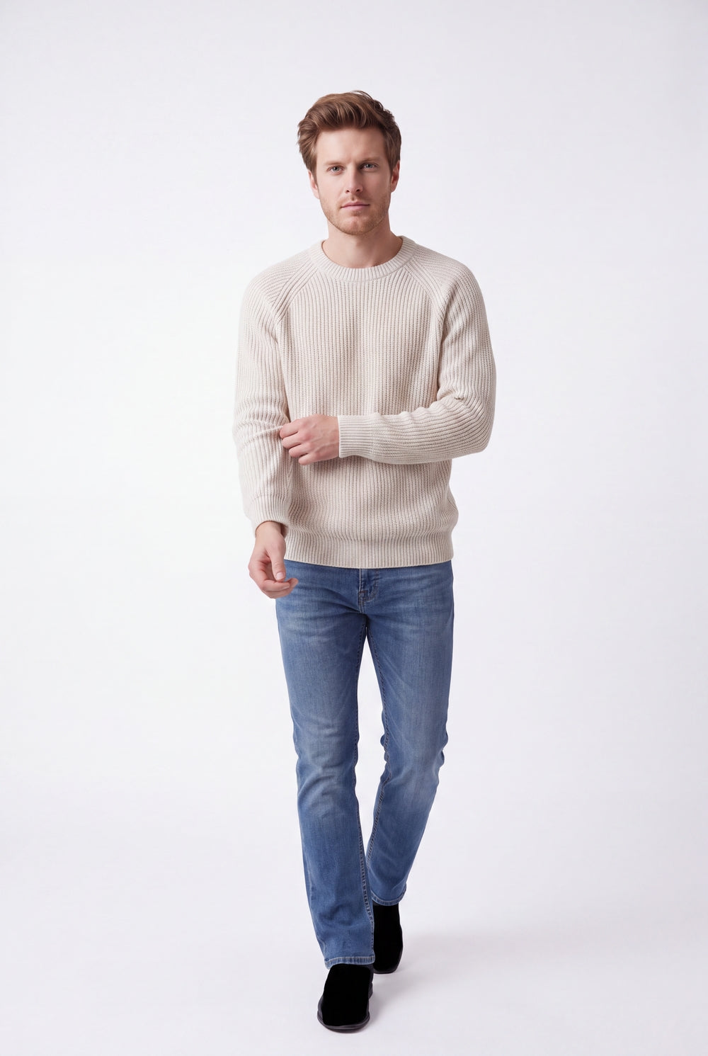 Pull homme col rond raglan 4 fils – Crème – C&Jo