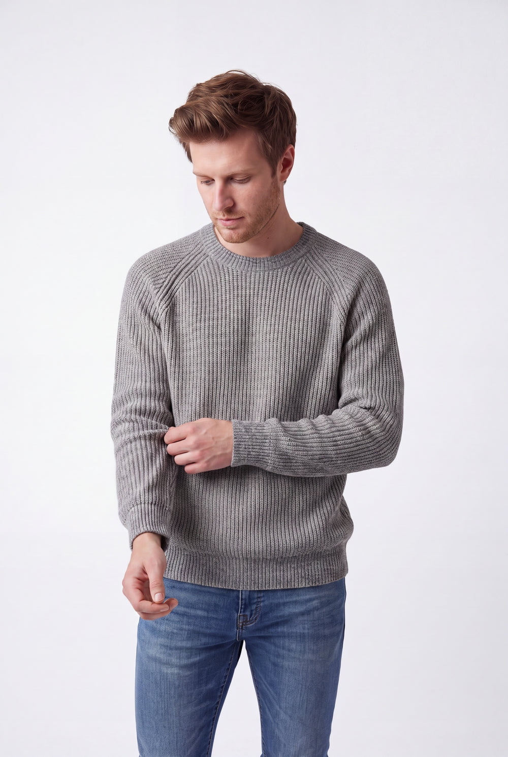 Pull homme col rond raglan 4 fils – Gris – C&Jo