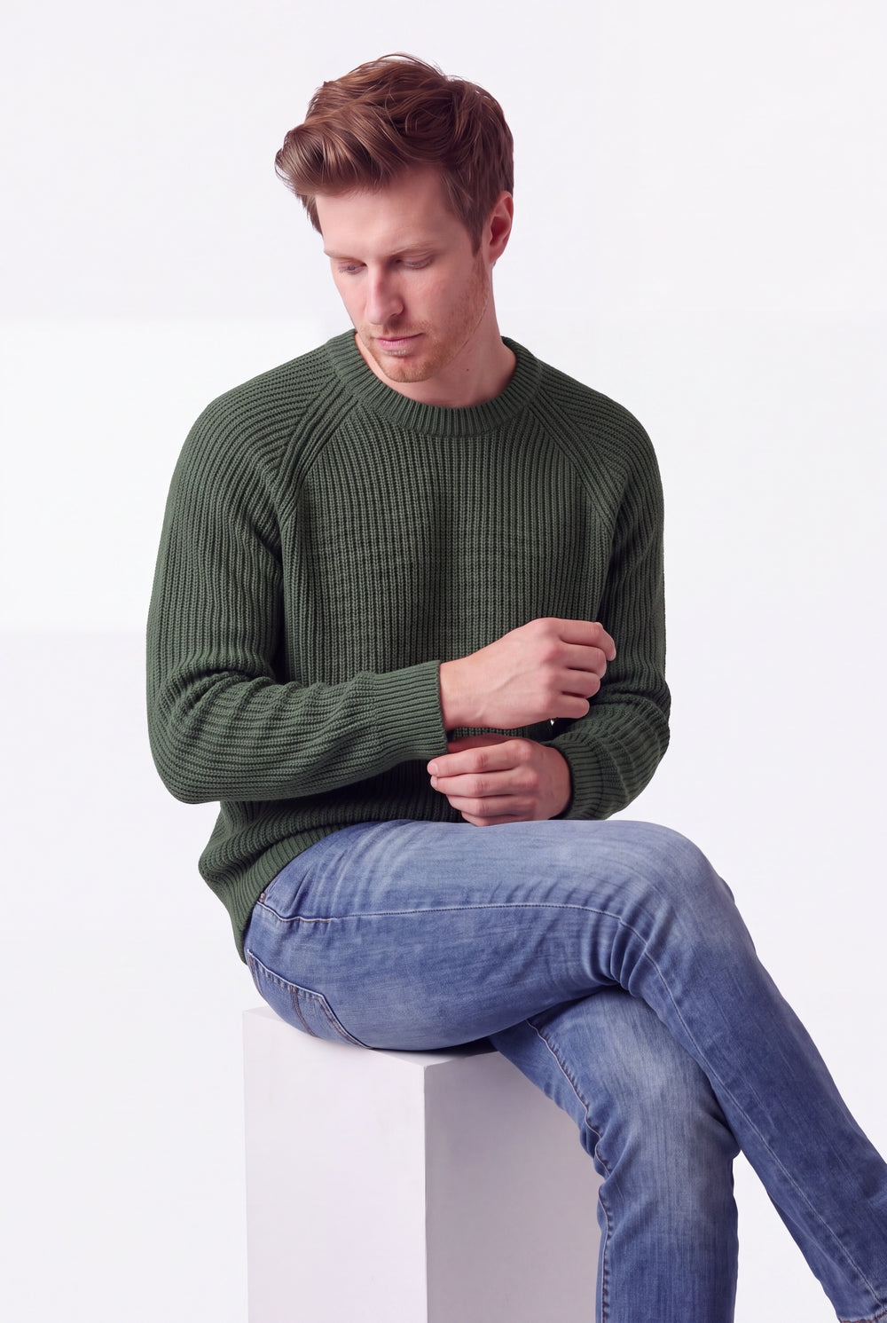 Pull homme col rond raglan 4 fils – Kaki – C&Jo