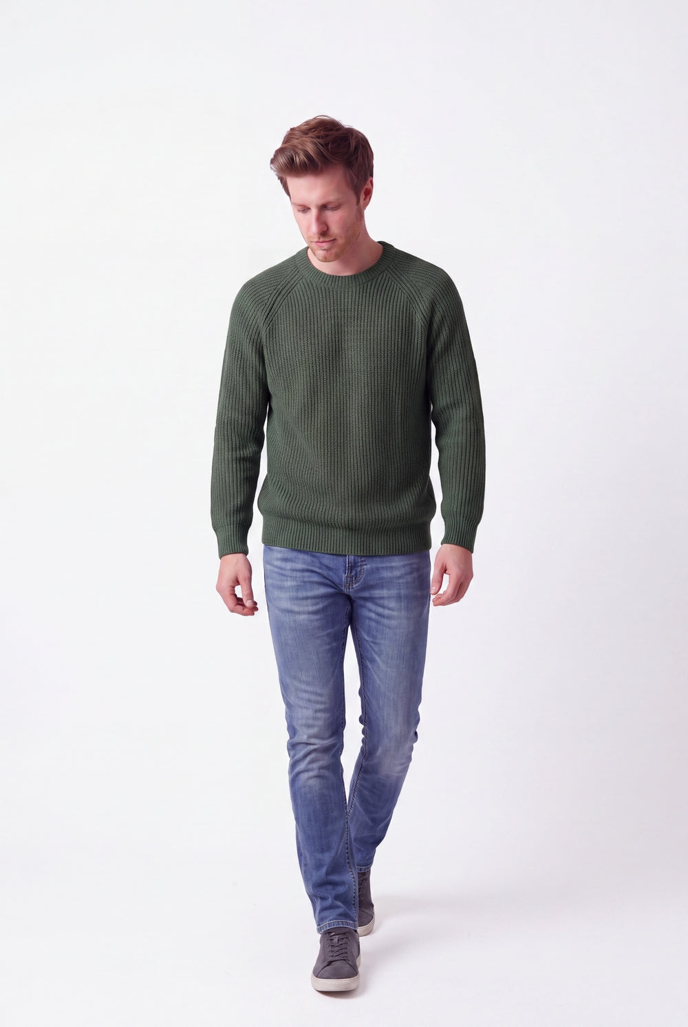 Pull homme col rond raglan 4 fils – Kaki – C&Jo