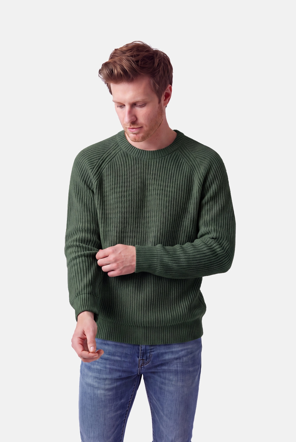 Pull homme col rond raglan 4 fils – Kaki – C&Jo