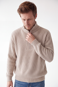 Trucker-neck zip-up sweater, long sleeves, 4-ply – Cream – C&Jo