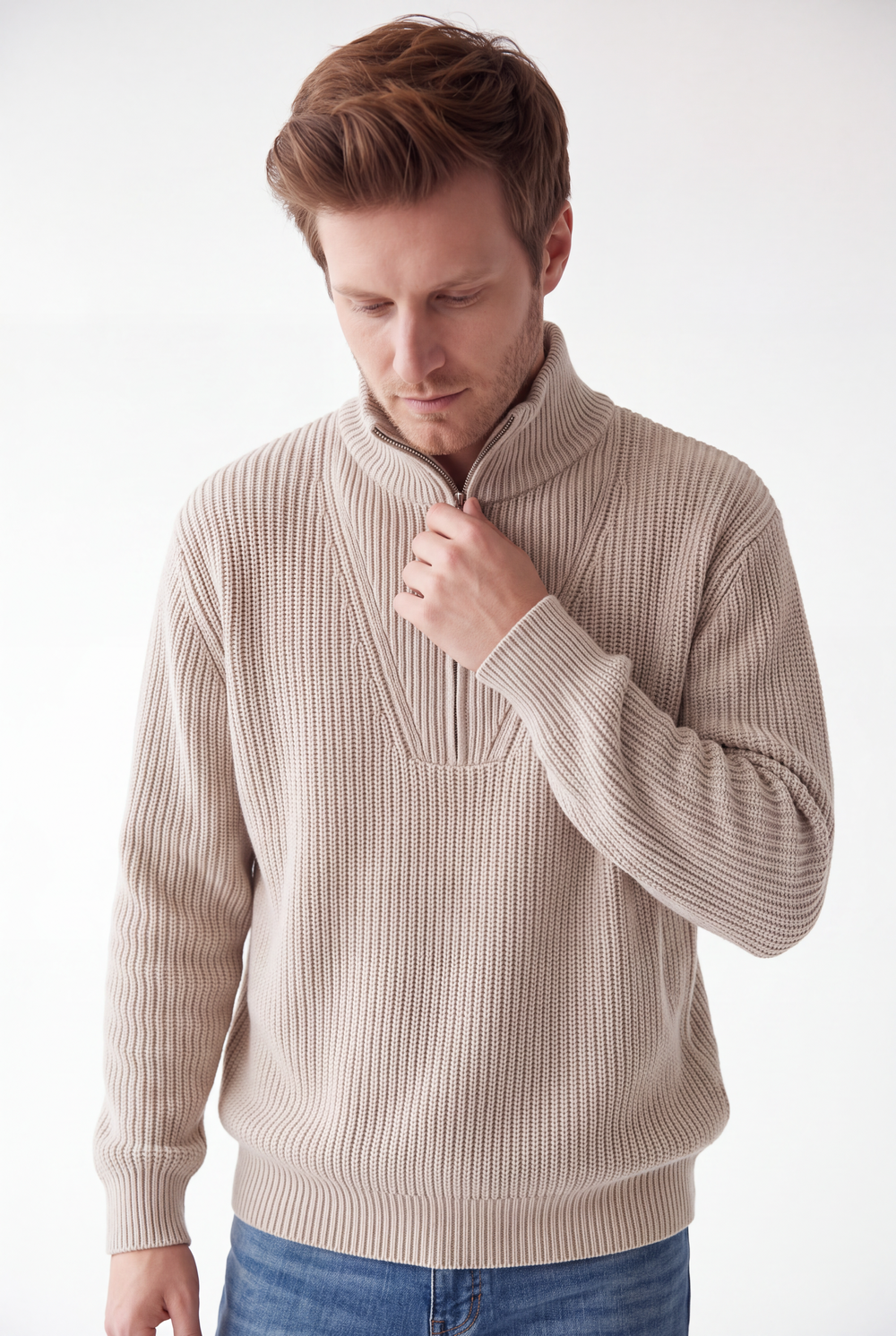 Pull homme col camionneur zippé 4 fils – Crème – C&Jo