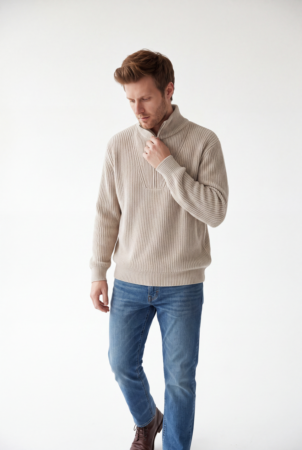 Pull homme col camionneur zippé 4 fils – Crème – C&Jo