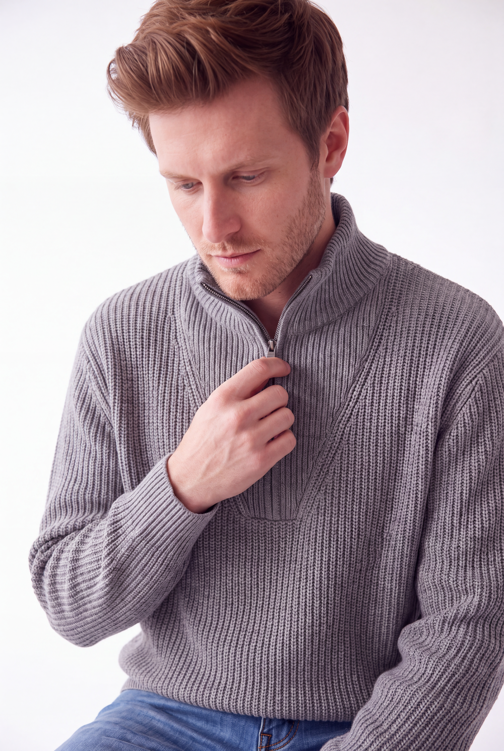 Pull homme col camionneur zippé 4 fils – Gris – C&Jo