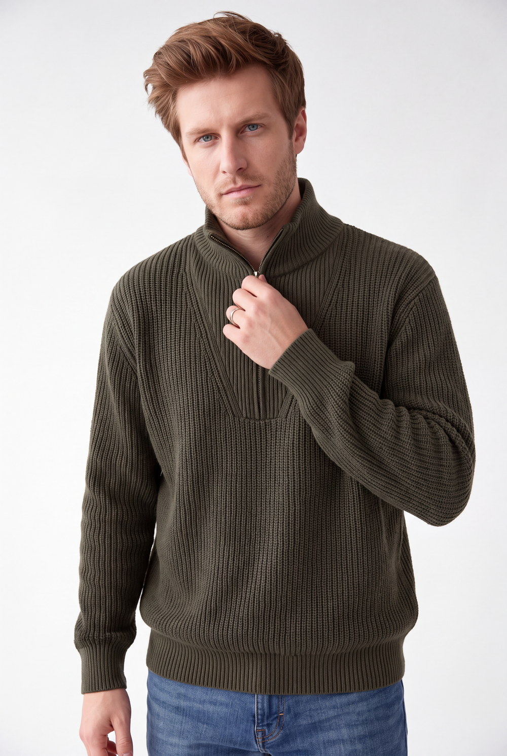 Pull homme col camionneur zippé 4 fils – Kaki – C&Jo