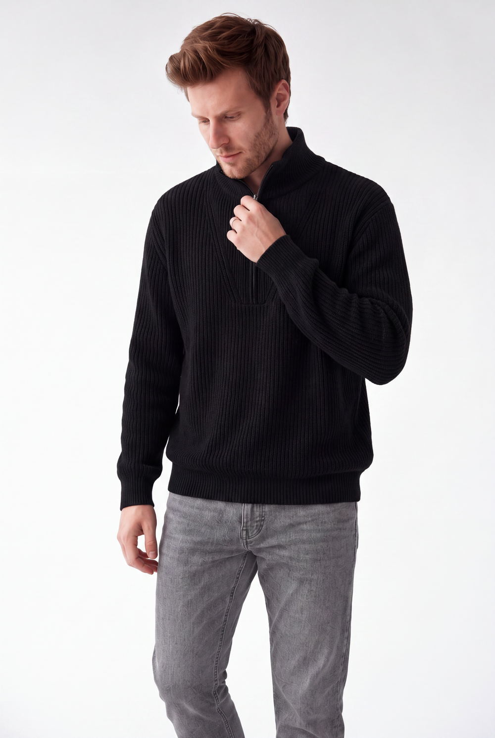 Pull homme col camionneur zippé 4 fils – Noir – C&Jo