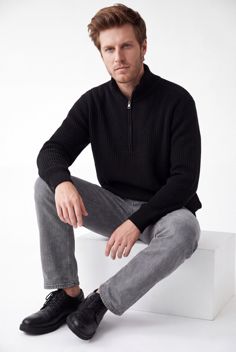 Pull homme col camionneur zippé 4 fils – Noir – C&Jo