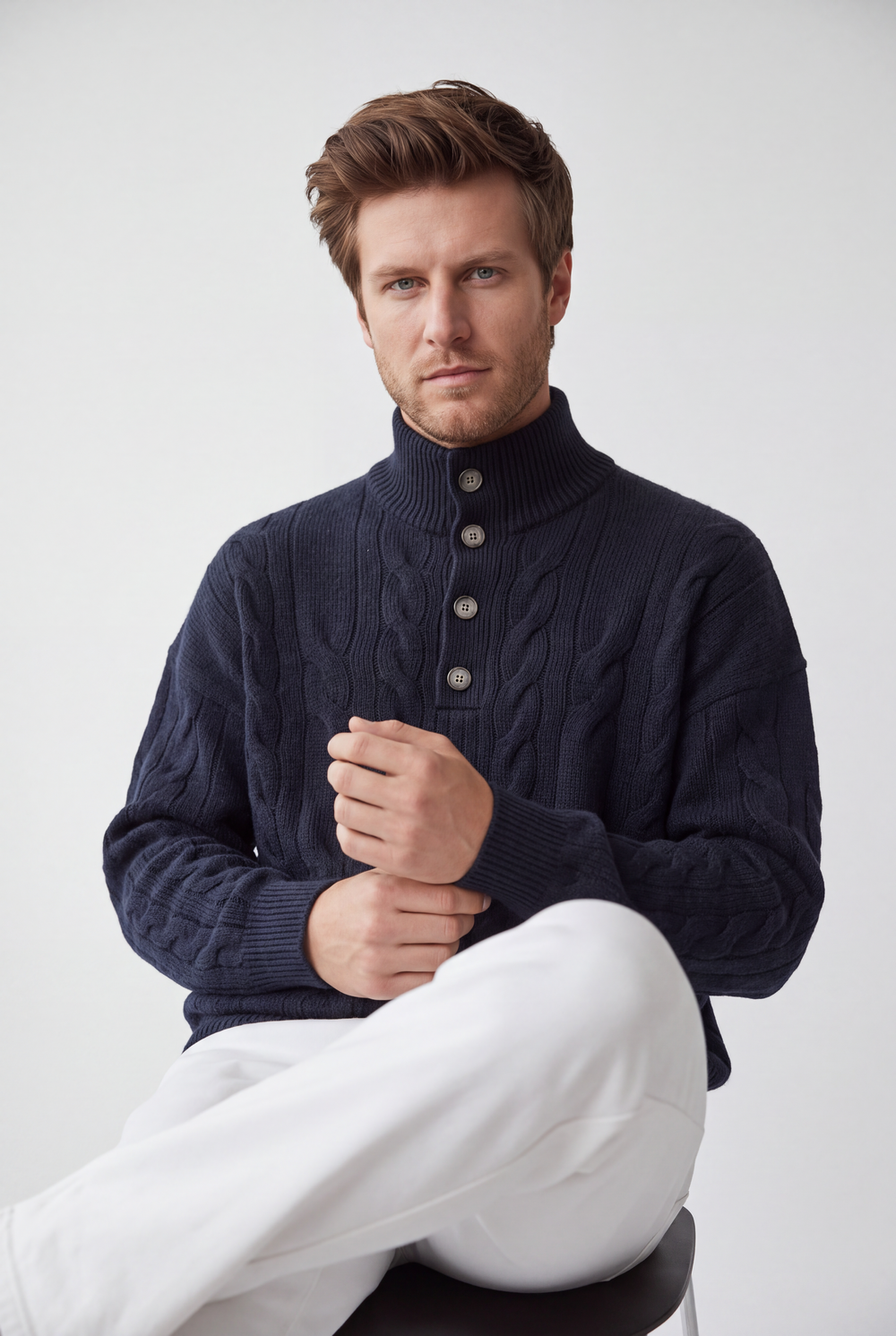 Cable knit turtleneck button-front sweater with long sleeves, 4-ply – Night blue – C&Jo