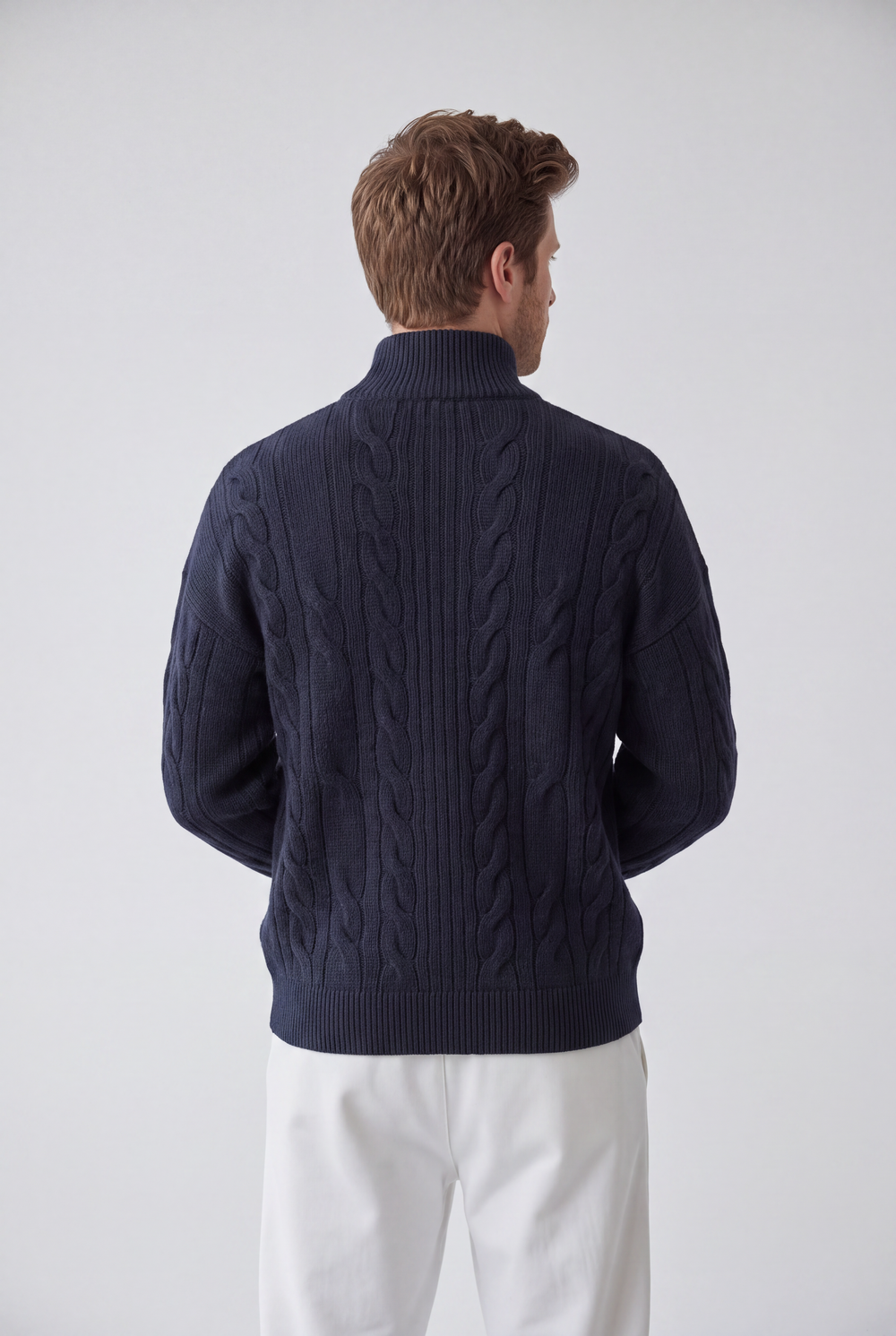 Cable knit turtleneck button-front sweater with long sleeves, 4-ply – Night blue – C&Jo