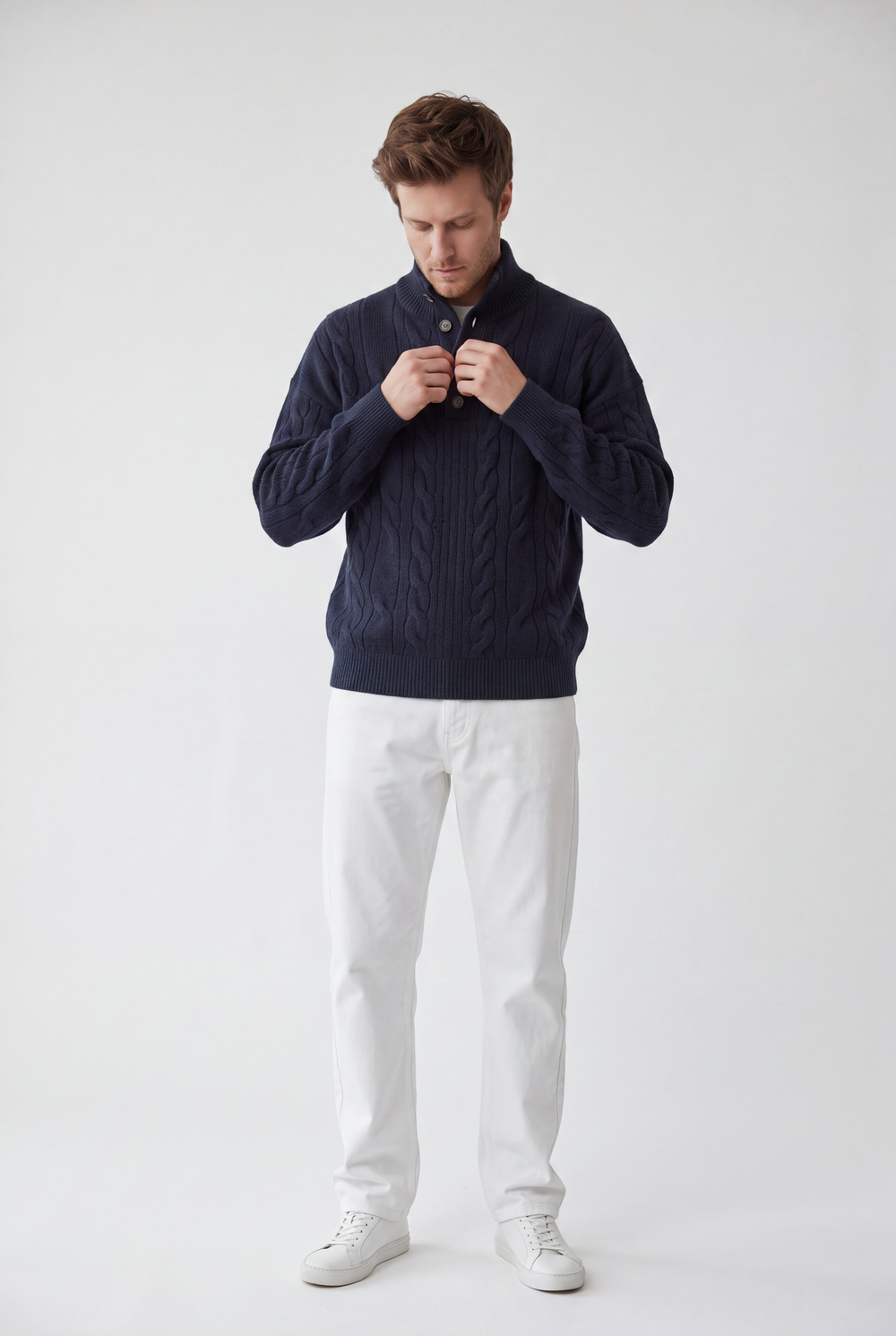 Cable knit turtleneck button-front sweater with long sleeves, 4-ply – Night blue – C&Jo