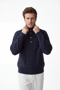 Cable knit turtleneck button-front sweater with long sleeves, 4-ply – Night blue – C&Jo