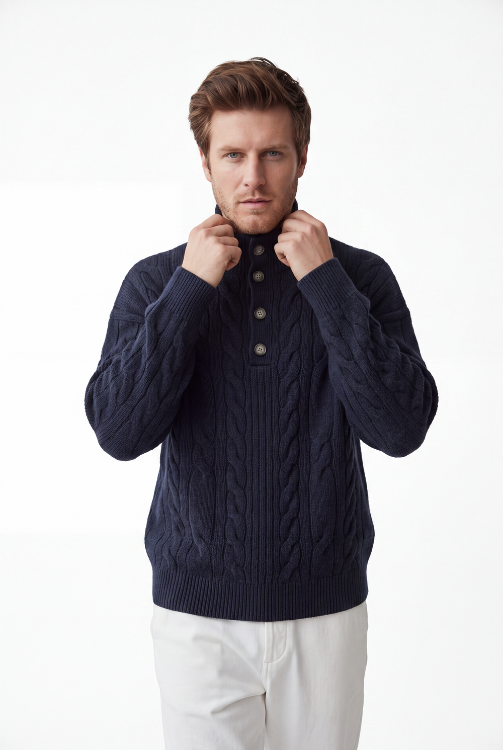 Cable knit turtleneck button-front sweater with long sleeves, 4-ply – Night blue – C&Jo