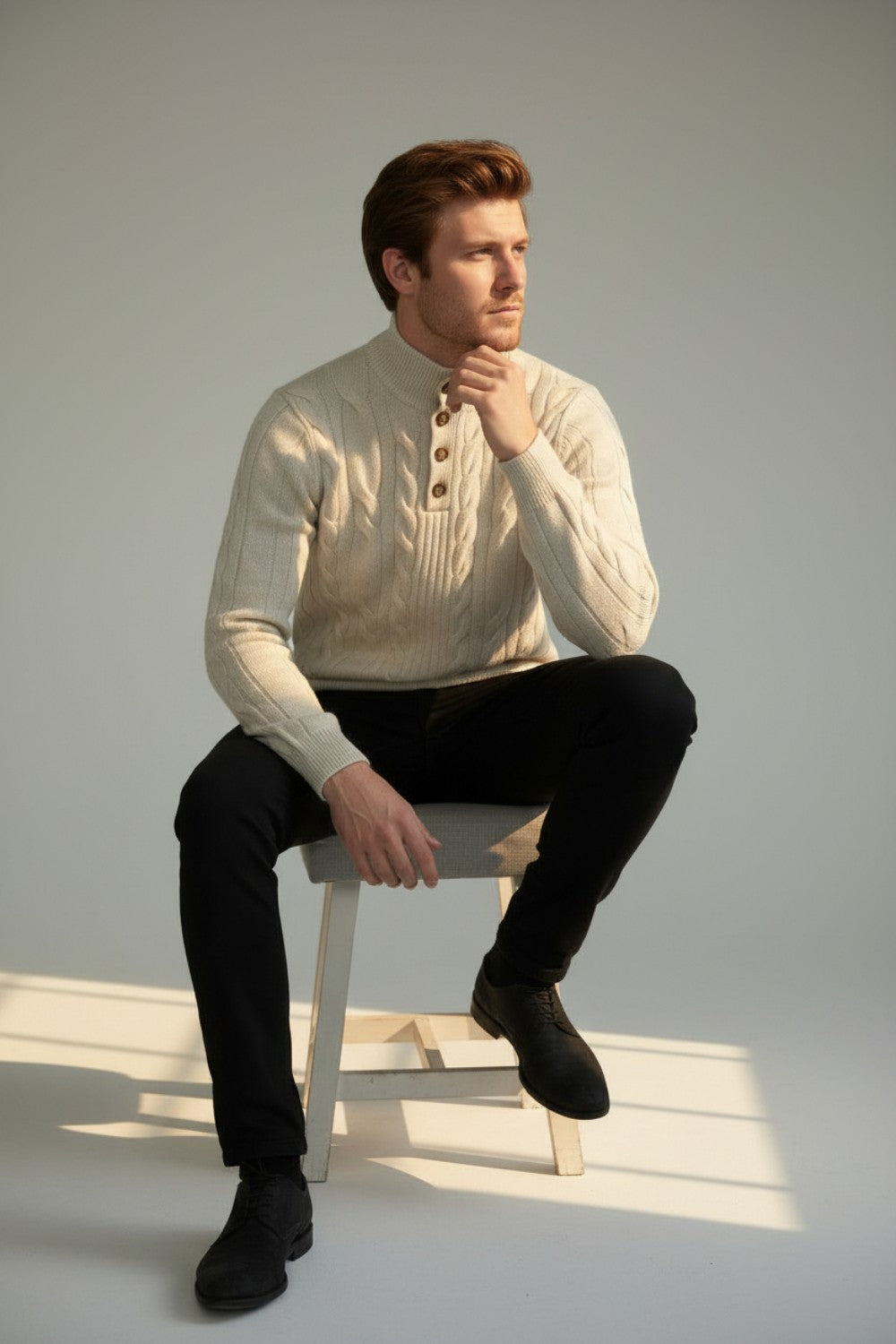 Cable knit turtleneck button-front sweater with long sleeves, 4-ply – Cream – C&Jo