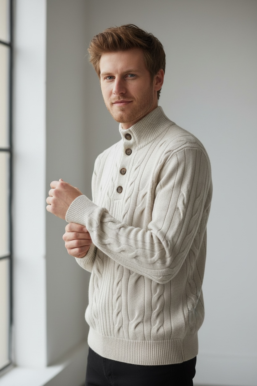 Cable knit turtleneck button-front sweater with long sleeves, 4-ply – Cream – C&Jo