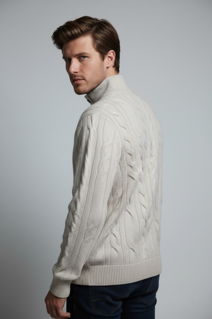 Cable knit turtleneck button-front sweater with long sleeves, 4-ply – Cream – C&Jo