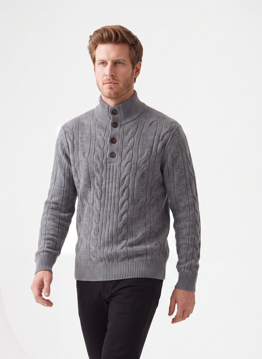 Cable knit turtleneck button-front sweater with long sleeves, 4-ply – Grey – C&Jo