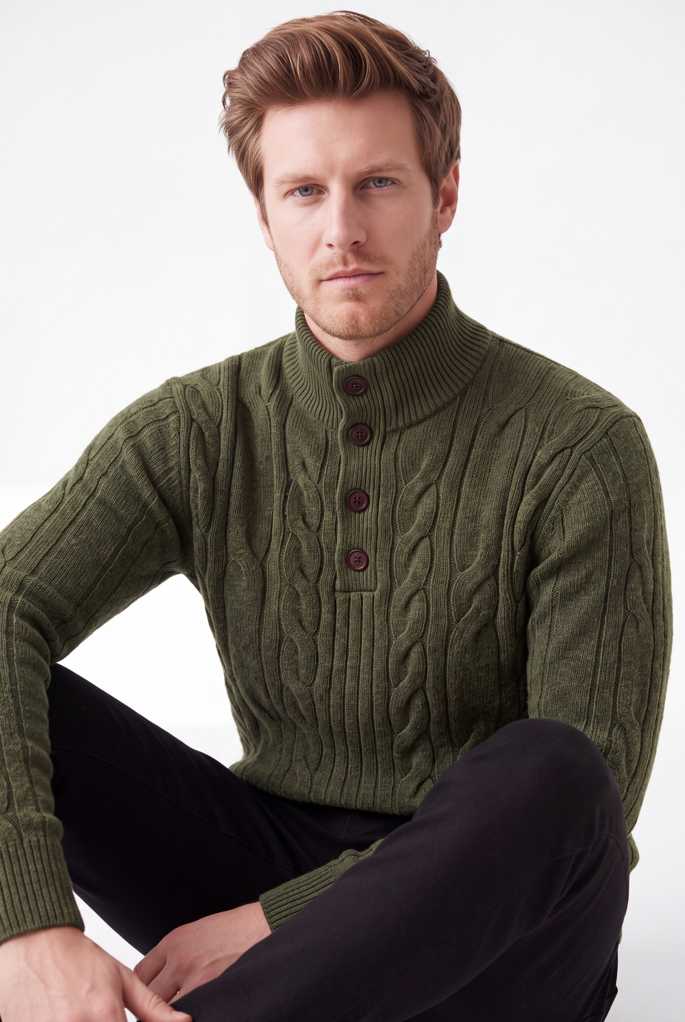 Cable knit turtleneck button-front sweater with long sleeves, 4-ply – Khaki – C&Jo
