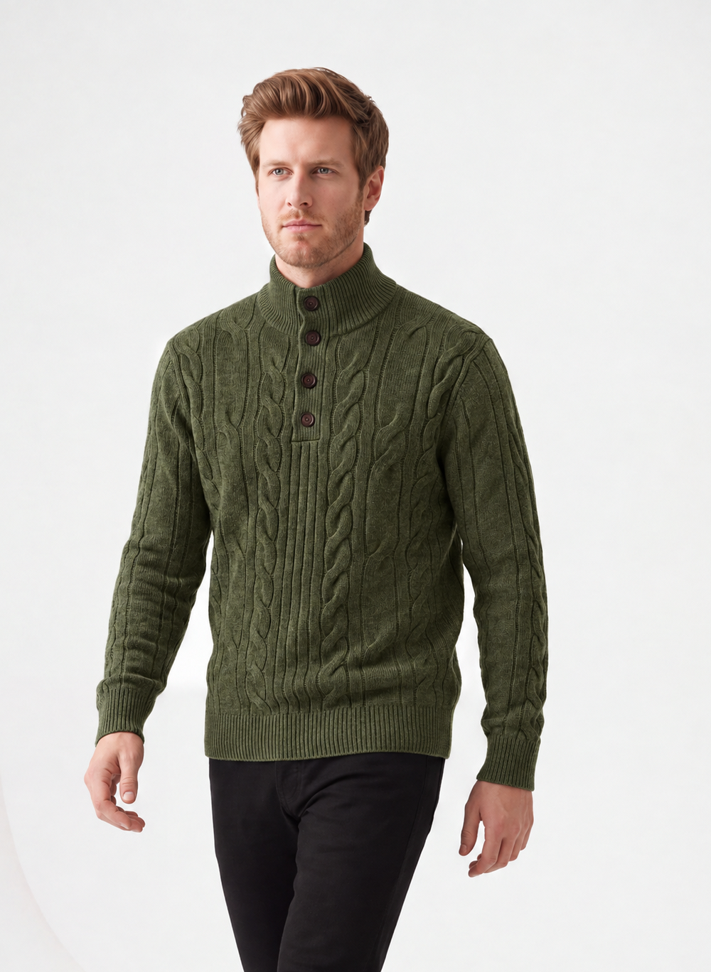 Cable knit turtleneck button-front sweater with long sleeves, 4-ply – Khaki – C&Jo