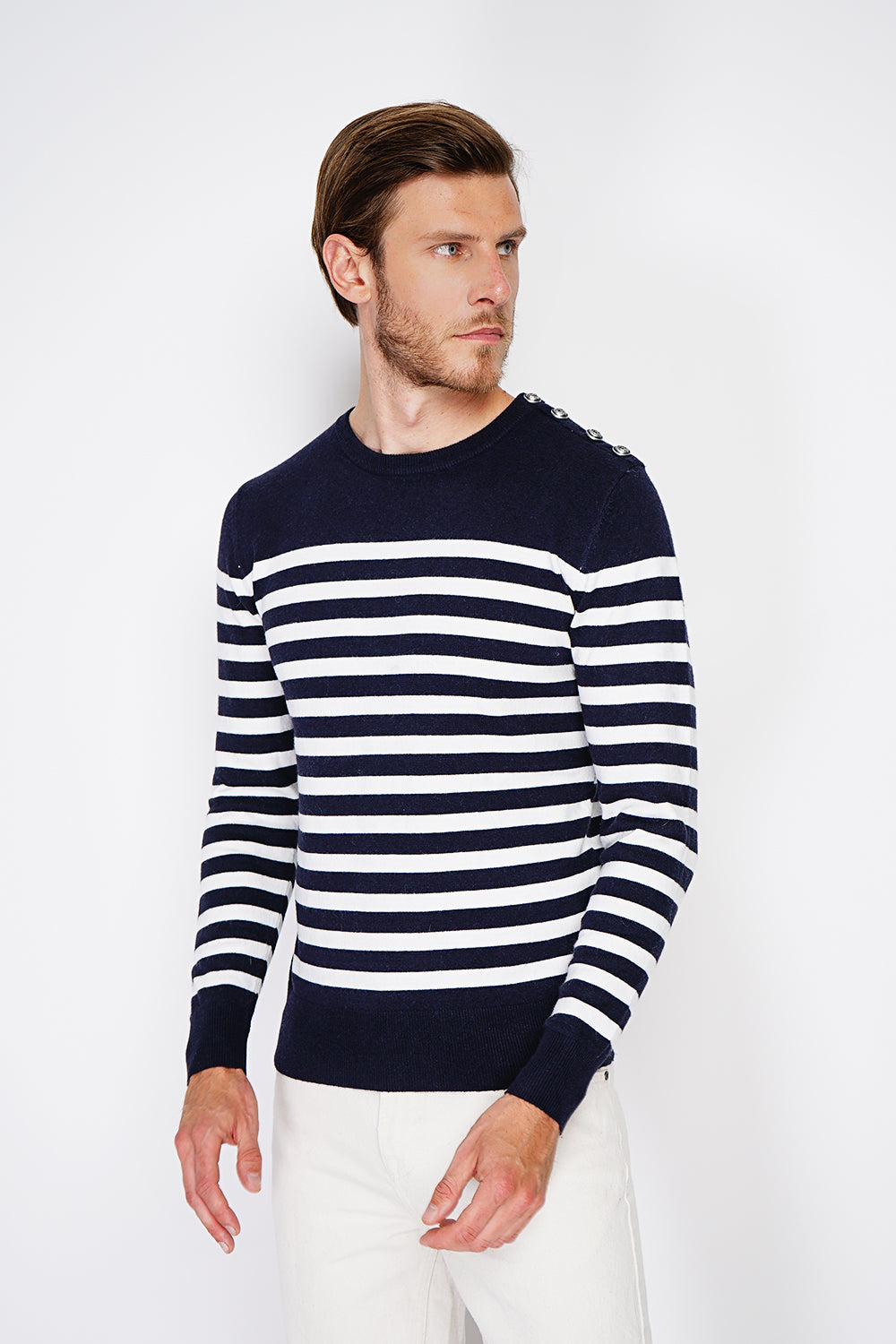 ROUND COLLAR SAILOR SWEATER WITH BUTTONS ON SHOULDER