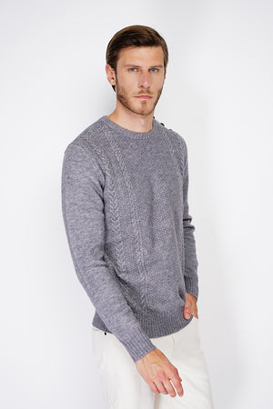 ROUND COLLAR SWEATER WITH CABLE KNIT AND BUTTONS ON SHOULDER