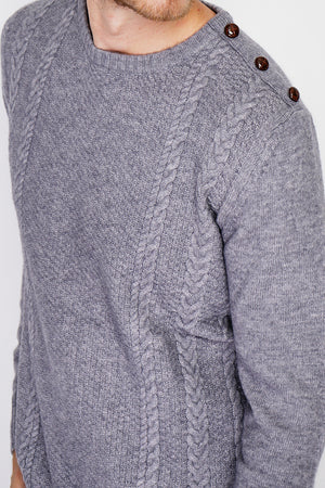 ROUND COLLAR SWEATER WITH CABLE KNIT AND BUTTONS ON SHOULDER