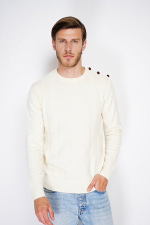 ROUND COLLAR SWEATER WITH CABLE KNIT AND BUTTONS ON SHOULDER