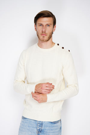 ROUND COLLAR SWEATER WITH CABLE KNIT AND BUTTONS ON SHOULDER