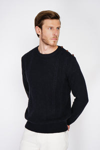 ROUND COLLAR SWEATER WITH CABLE KNIT AND BUTTONS ON SHOULDER