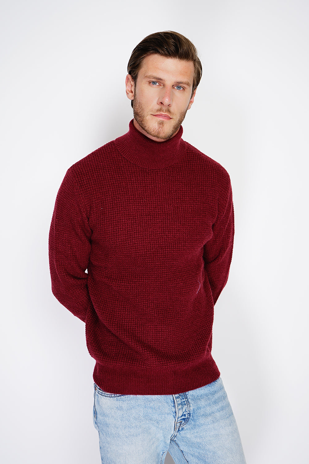 ROUND COLLAR SWEATER WITH HONEYCOMB KNITTING