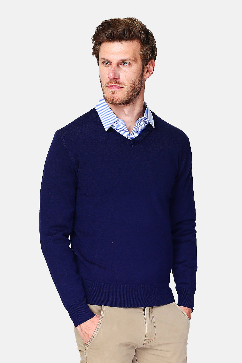 Classic V-neck sweater with long sleeves knitting in 3 threads